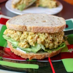 Chickpea salad sandwich on a plate.