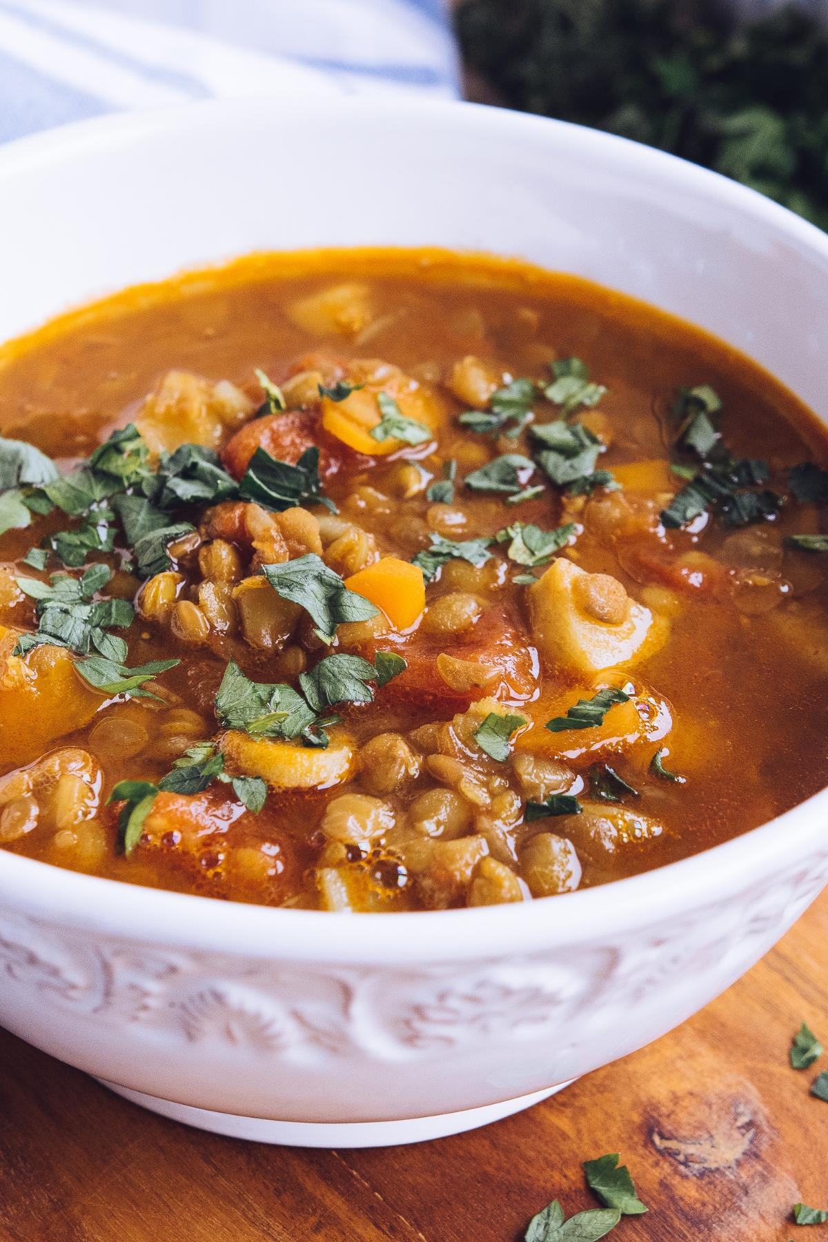 Vegan lentil soup in a bowl.