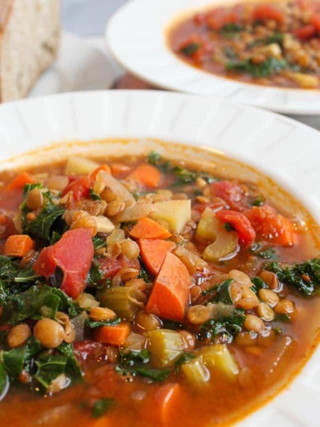 Lentil and veggie soup in a bowl.