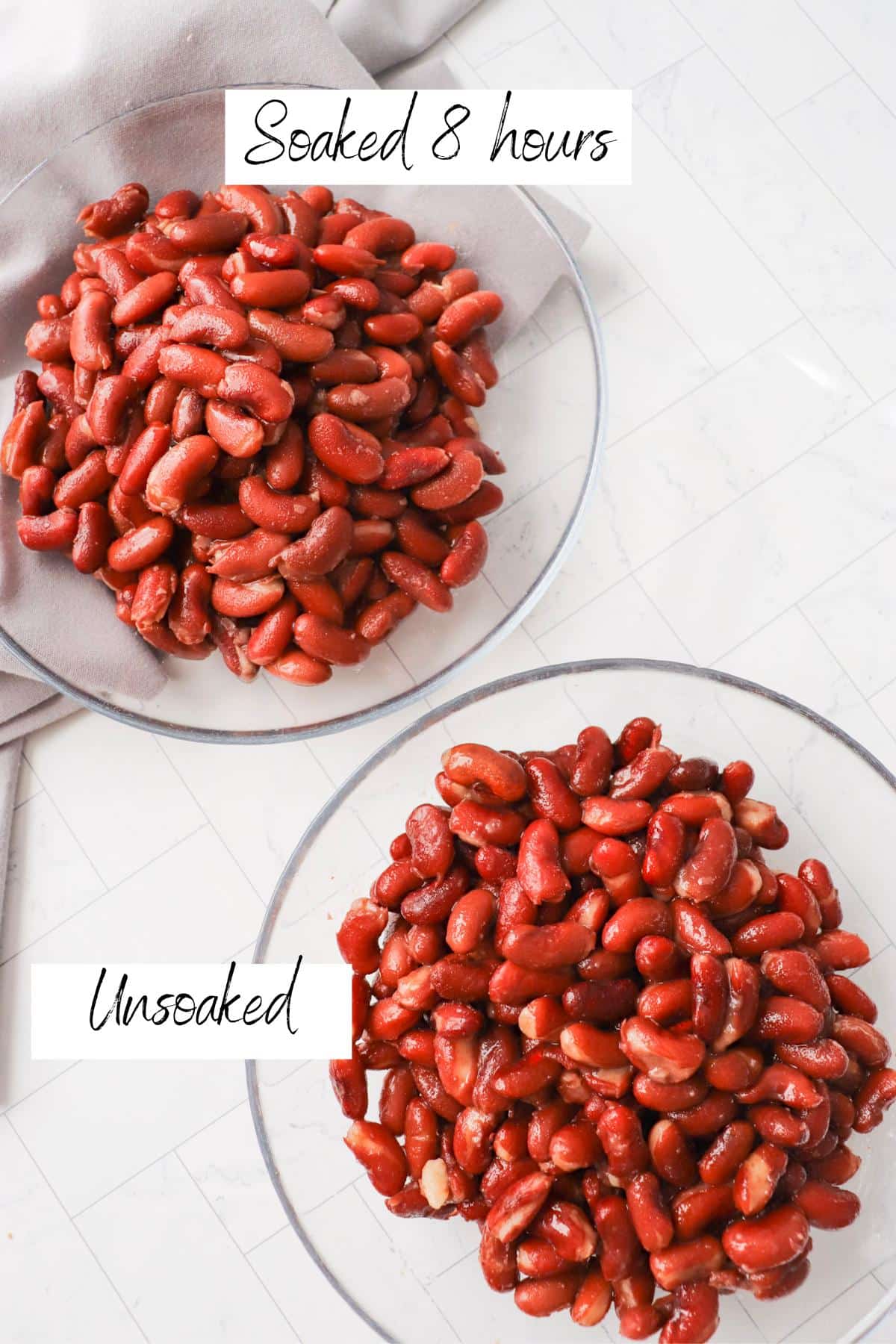 Two bowls of kidney beans, one that was soaked before cooking in the instant pot and one that wasn't soaked.