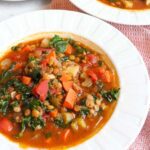 Lentil and vegetable soup in a bowl.
