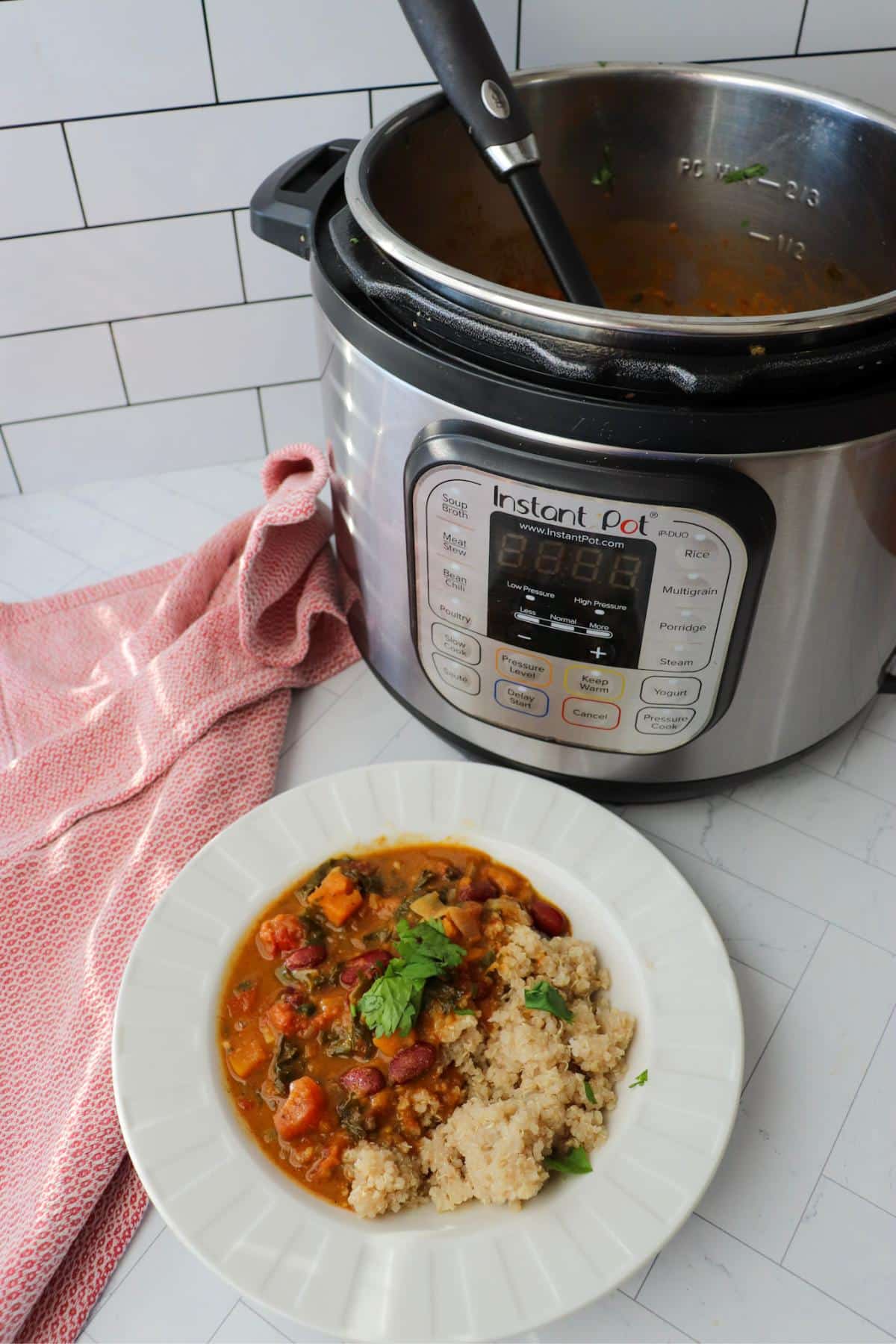 Instant pot full of sweet potato curry with a ladle in it and a bowl of curry next to it.