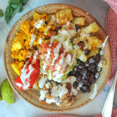 Vegan breakfast burrito bowl in a bowl.