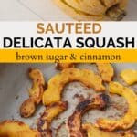 Golden brown delicata squash in a pan on the stove.