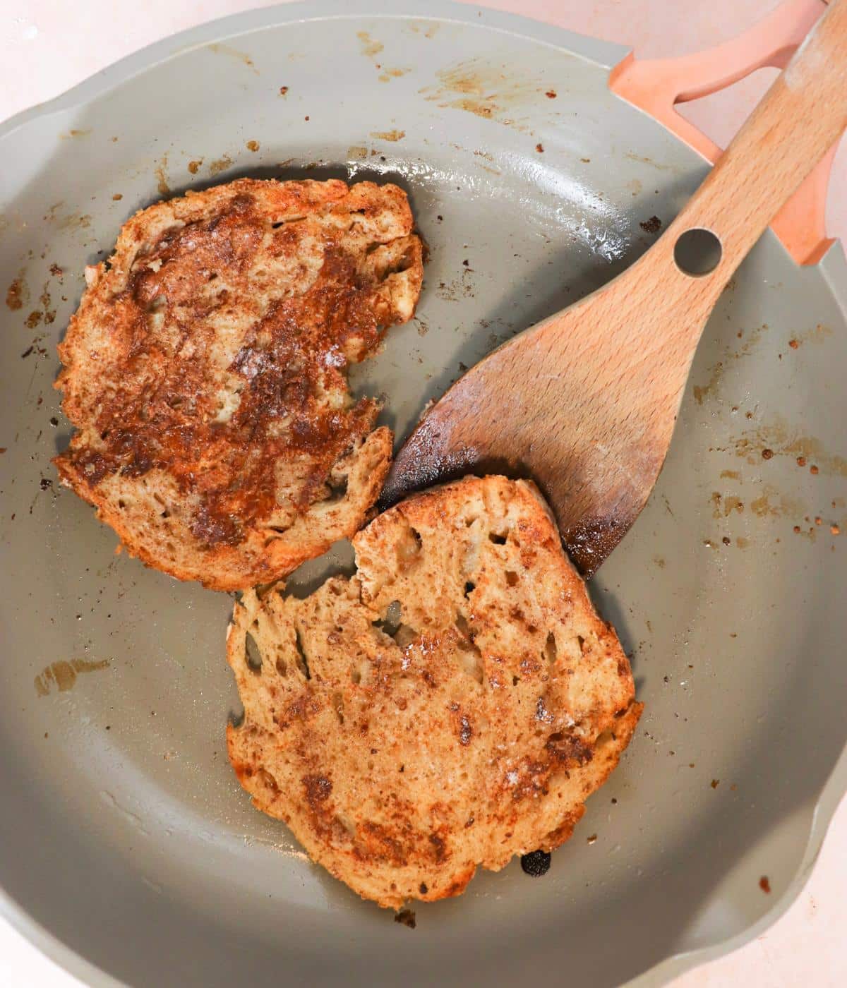 Vegan french toast in a non stick pan.