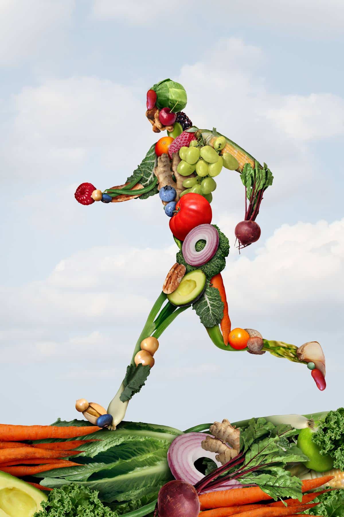 The shape of a man running, but he's made of different vegetables and fruit. 