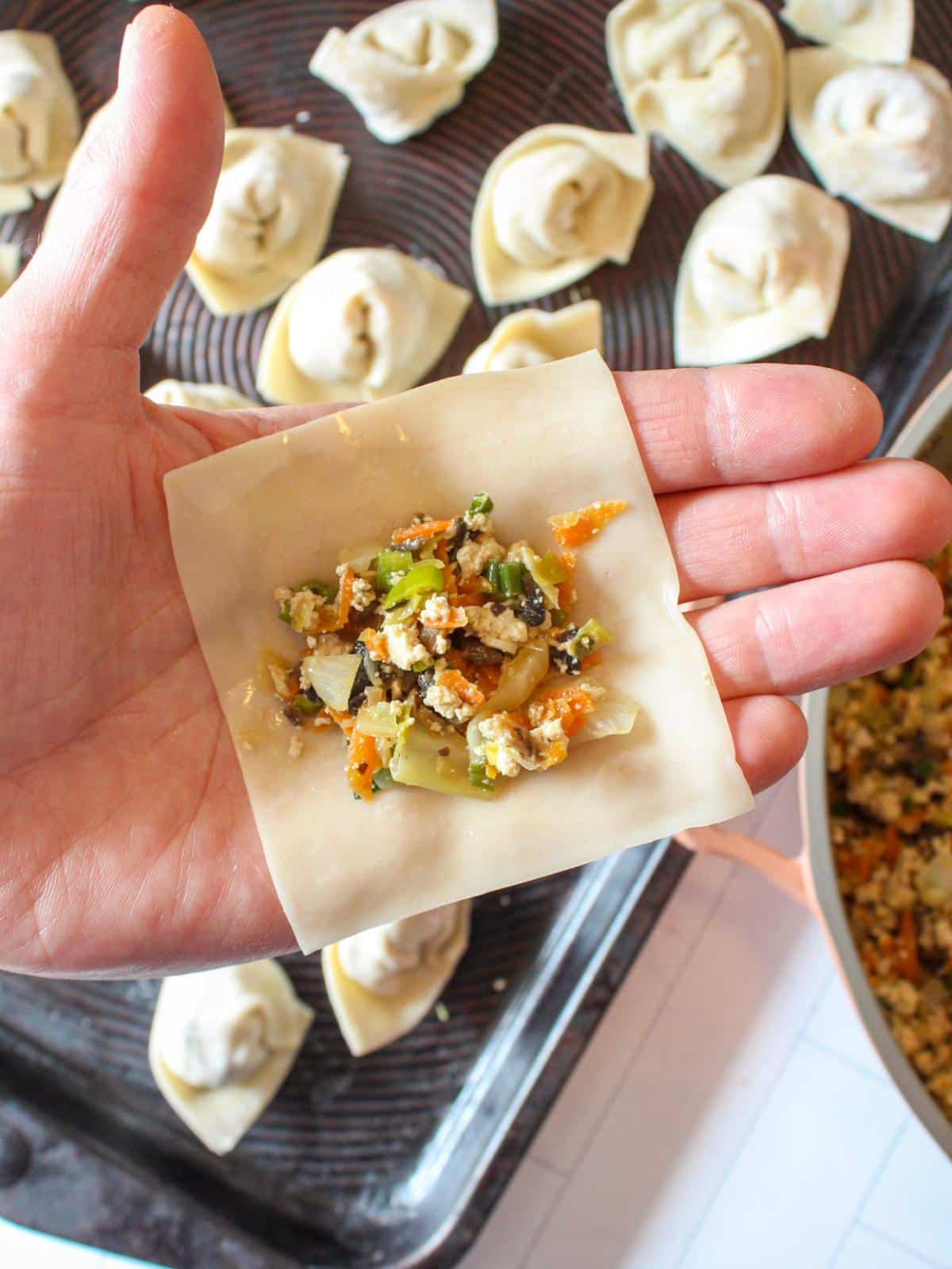 Hand holding a square dumpling with tofu filling.