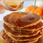 Easy vegan pumpkin pancakes. These delicious vegan pancakes are perfect for cozy breakfasts during fall season. Made with pumpkin puree, maple syrup and warming spices. Easy vegan breakfast idea.