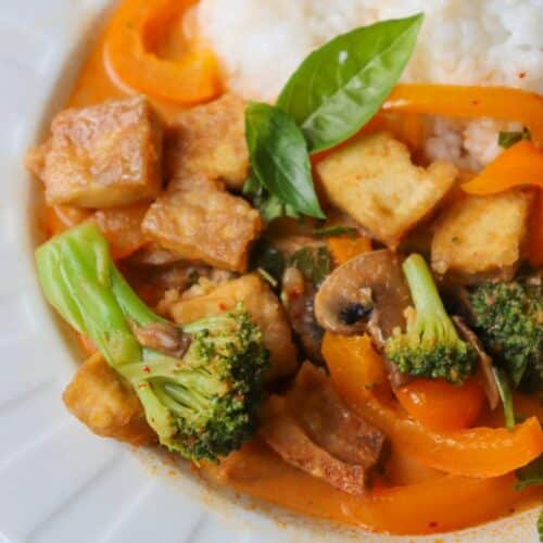 Vegan red thai curry with tofu and vegetables in a white bowl with jasmine rice.